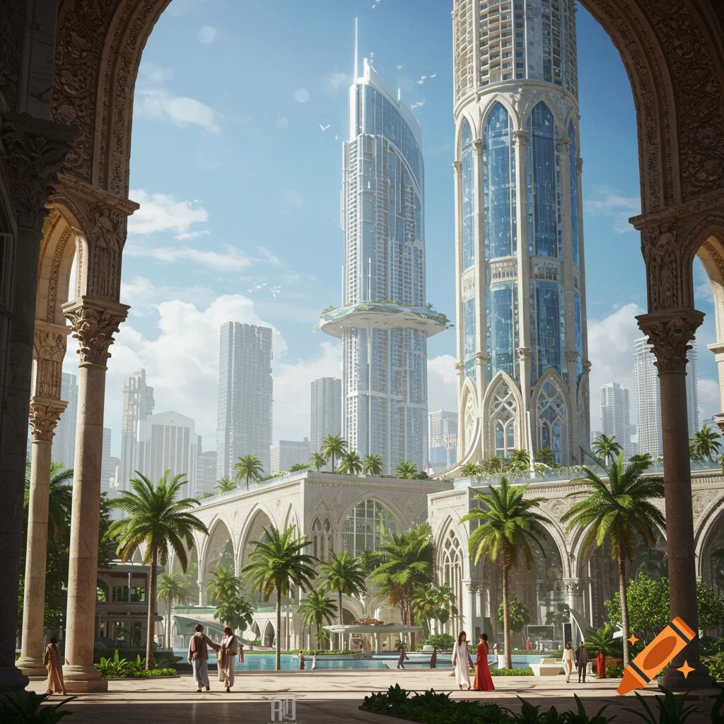 View through an archway towards futuristic buildings in a city, with palm trees and people in a courtyard.
