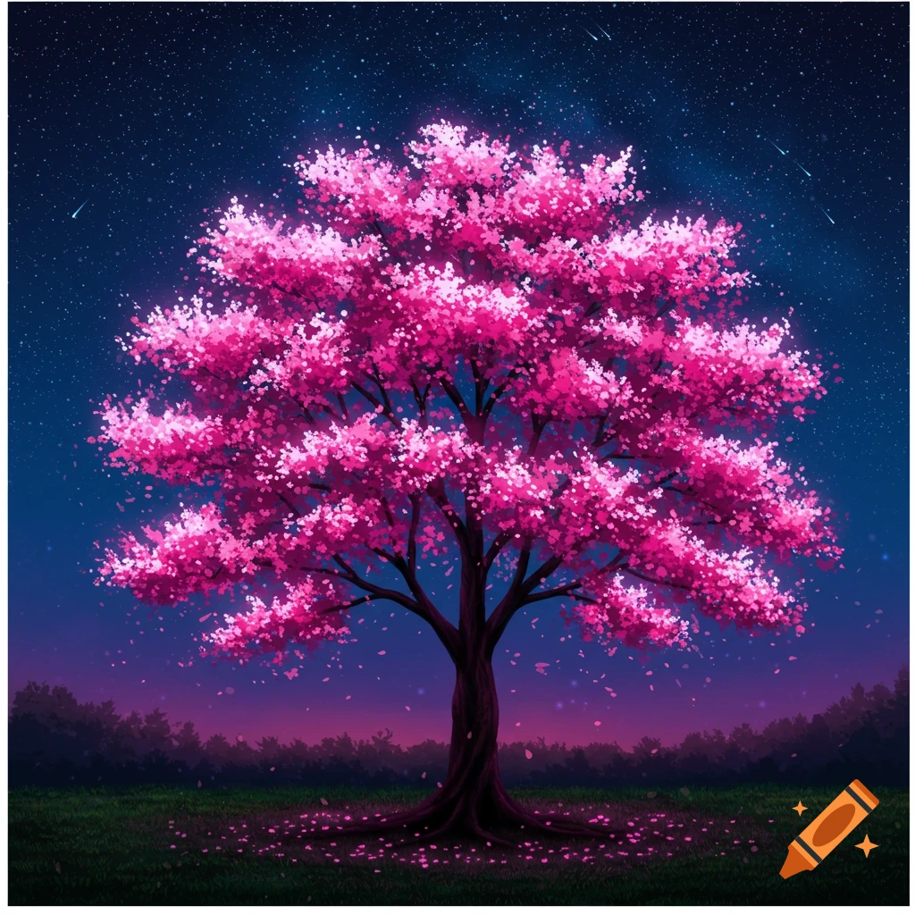 Stylized illustration of a glowing pink cherry blossom tree at night under a starry sky with falling petals.
