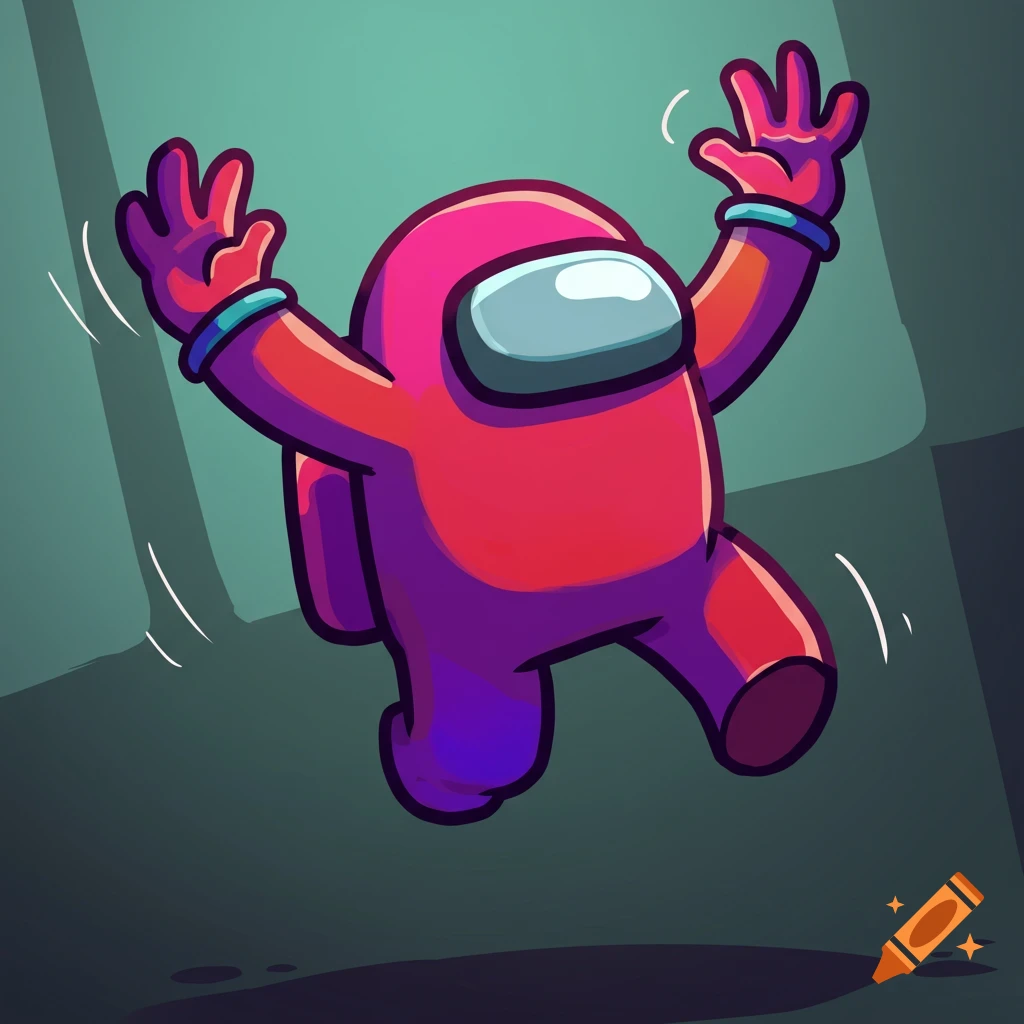 Cartoon illustration of a pink and purple Among Us character jumping or dancing with arms raised.