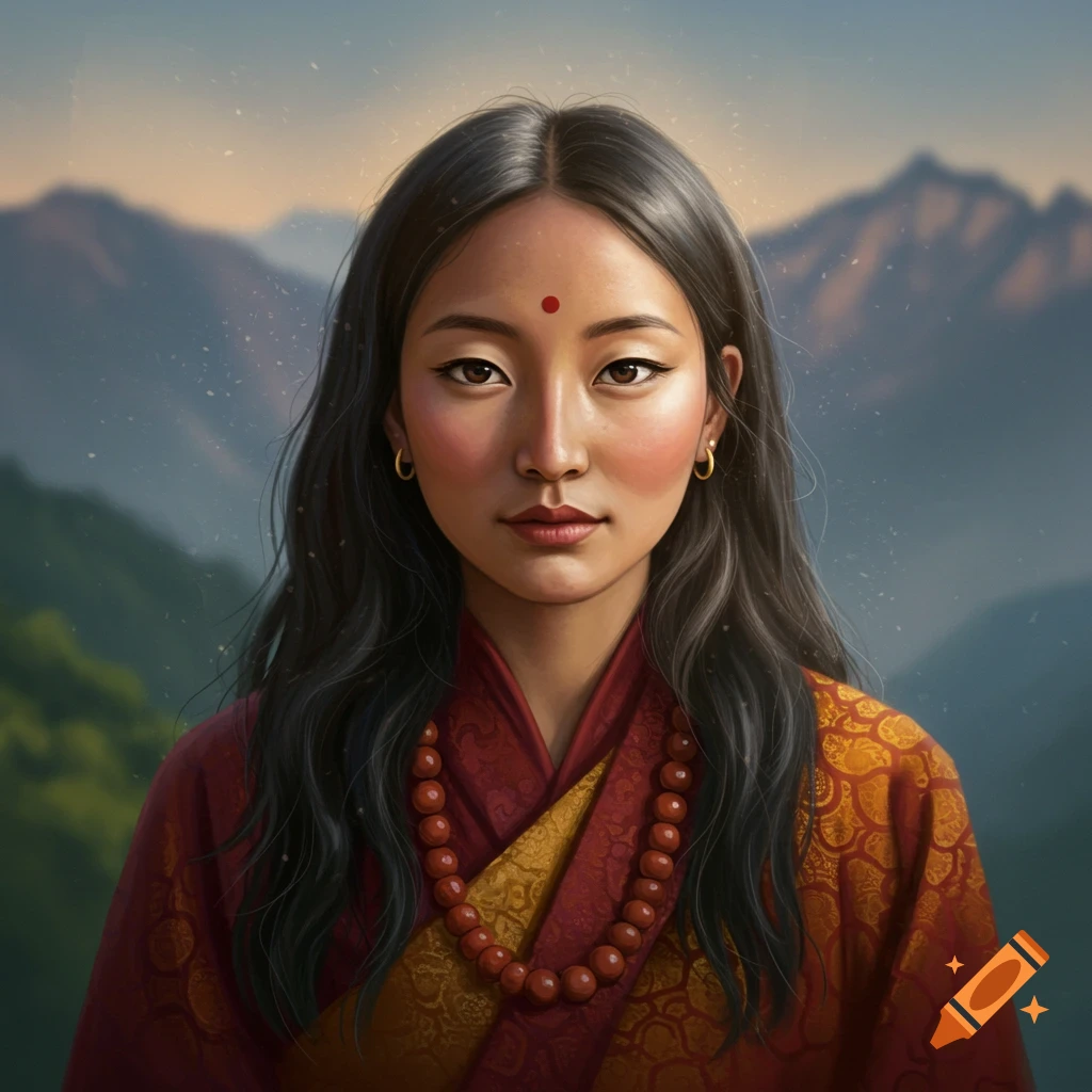 Portrait of a woman with a bindi in traditional clothing against a mountain background.