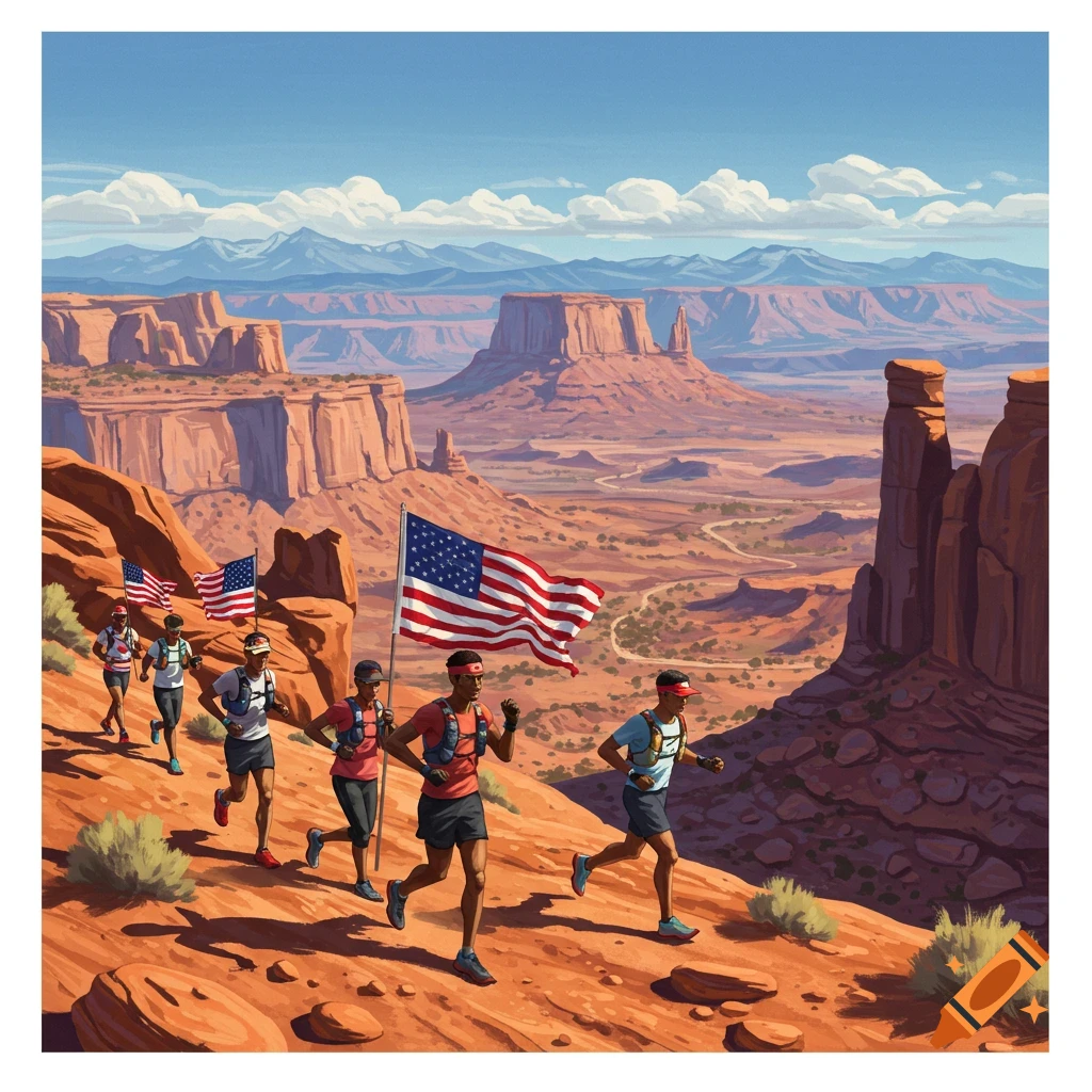 Trail runners with upside down American flags in Utah mountains on Craiyon