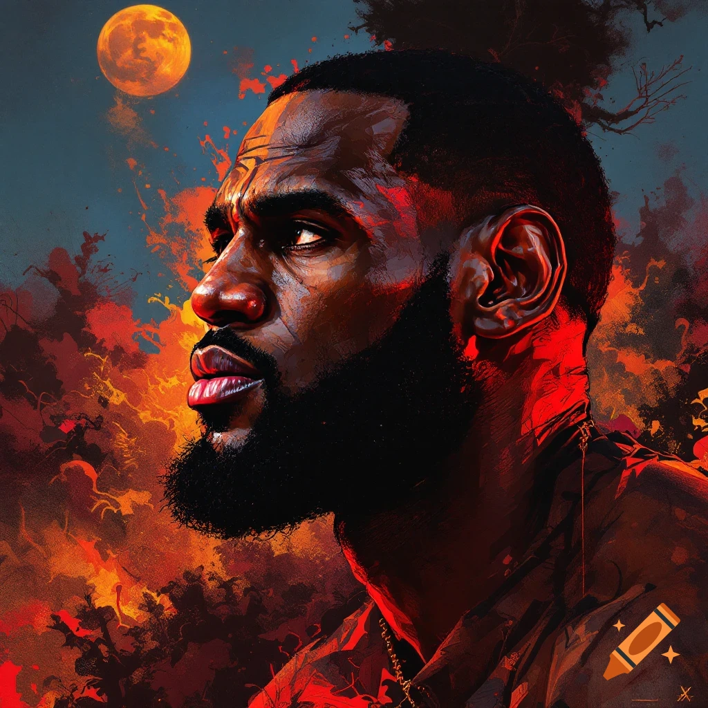 Stylized portrait of LeBron James against a fiery background with a large moon.
