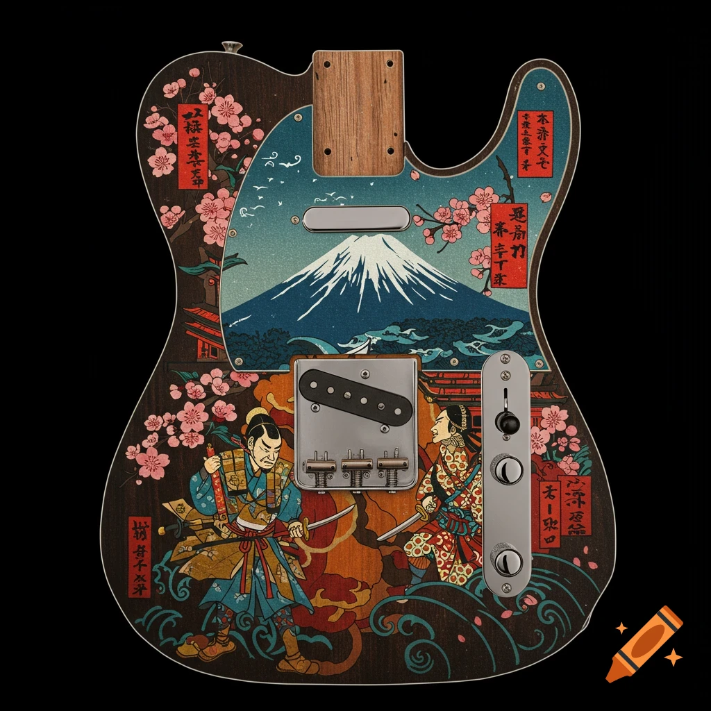Telecaster guitar body painted with Japanese ukiyo-e art featuring samurai, cherry blossoms, and Mount Fuji.