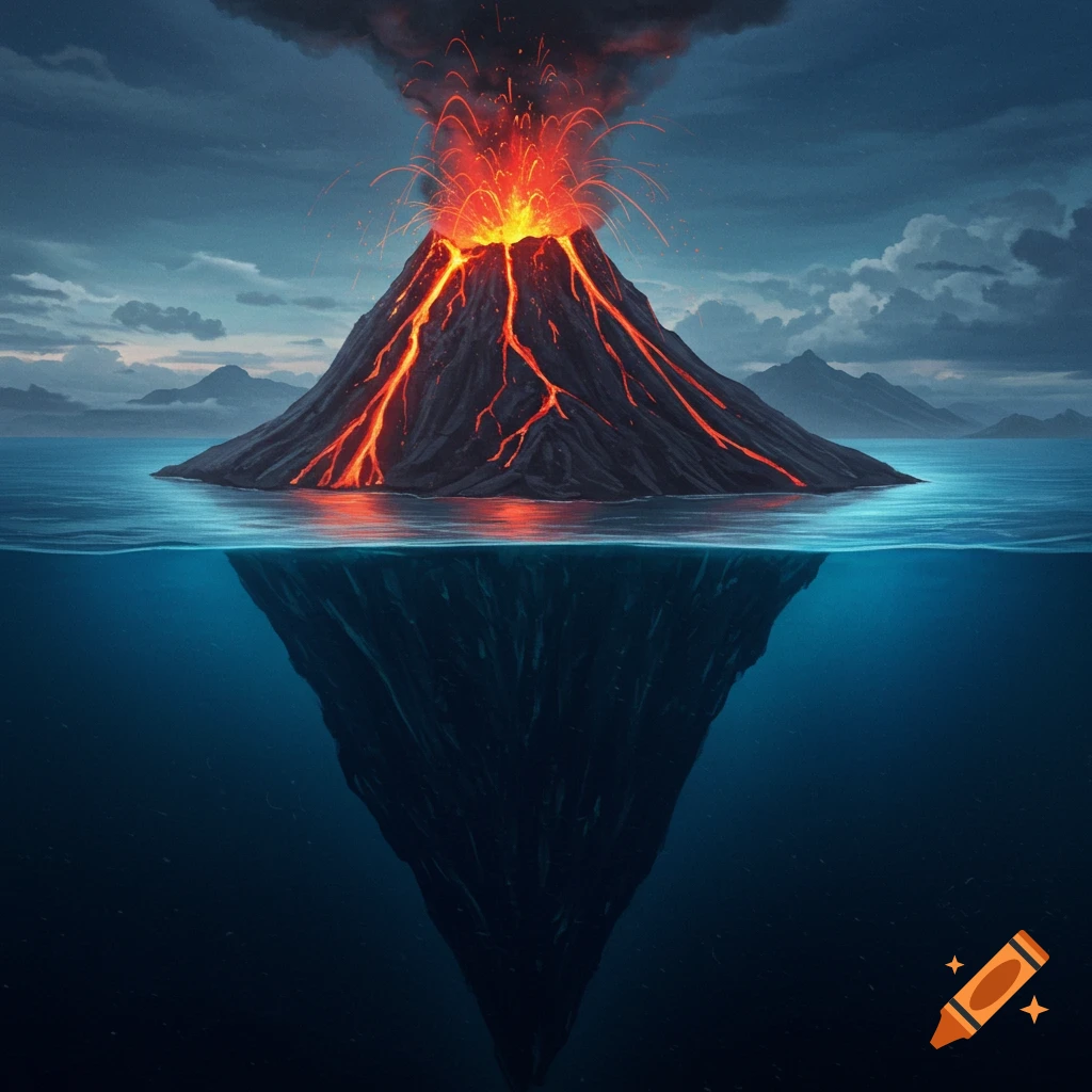 An erupting volcano above and below the ocean surface, with lava flowing down its sides under a cloudy sky.