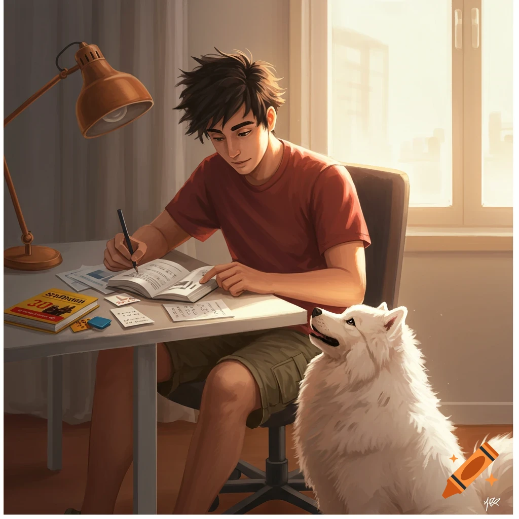 An anime-style illustration of a young man studying at a desk with his white dog beside him.