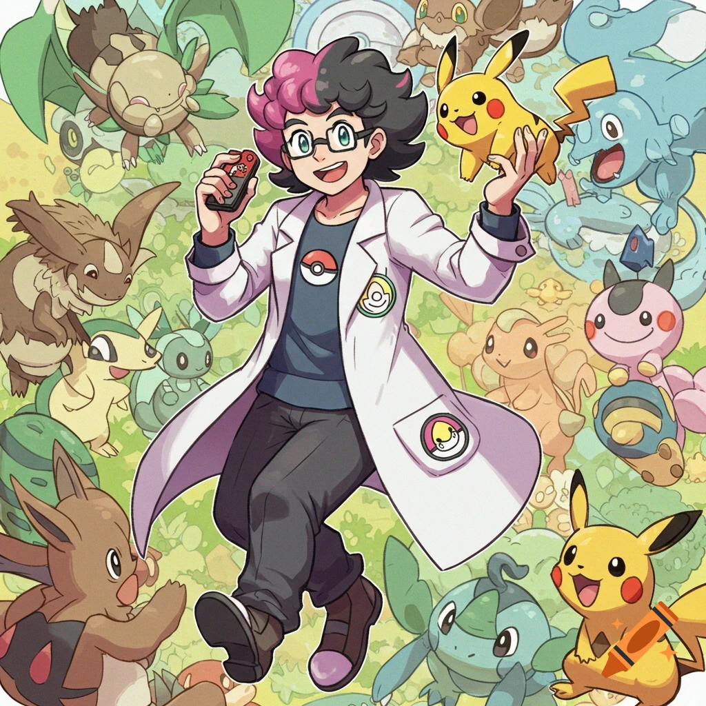 Anime style illustration of a person in a lab coat holding a device and Pikachu, surrounded by various Pokemon.