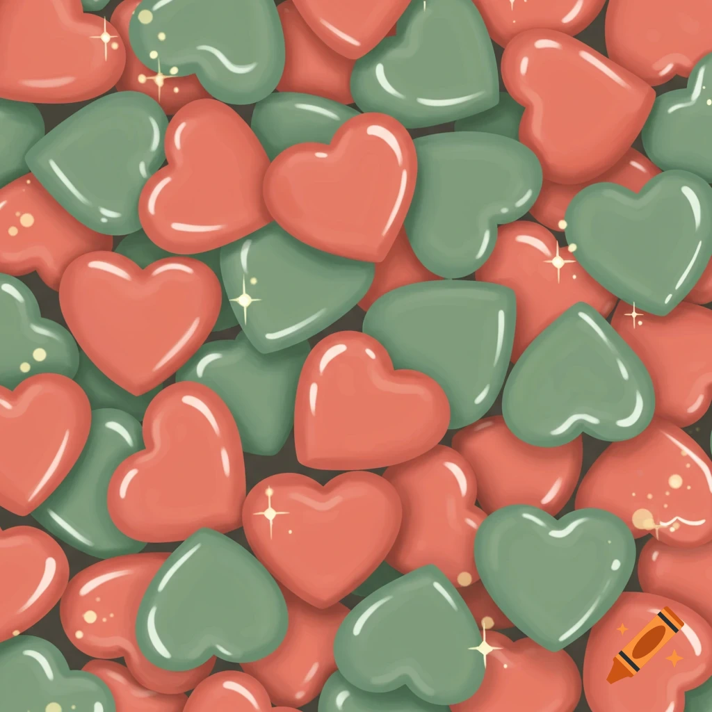A seamless pattern of glossy coral and sage green hearts with sparkles.