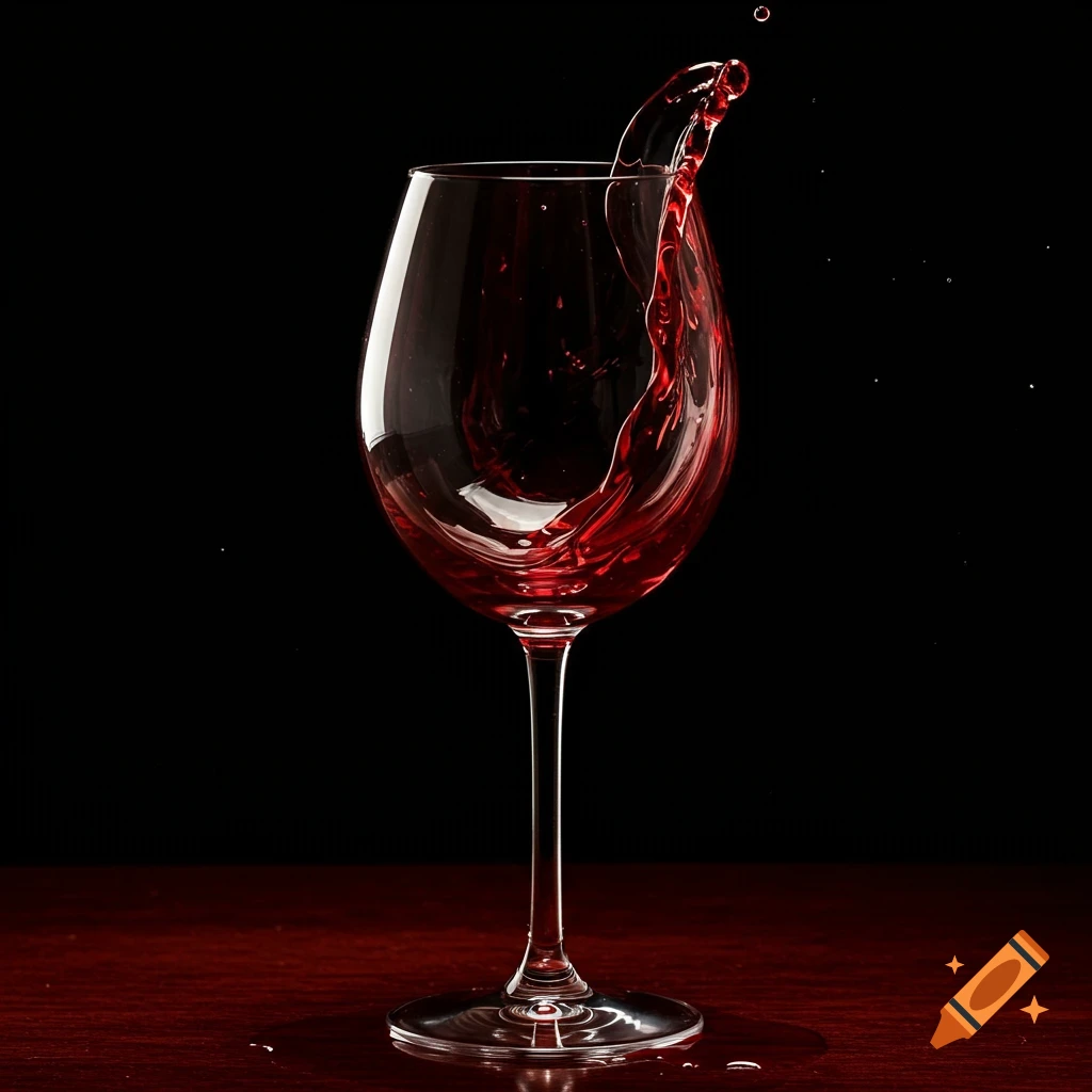 Red wine splashes dramatically from a wine glass against a black background.