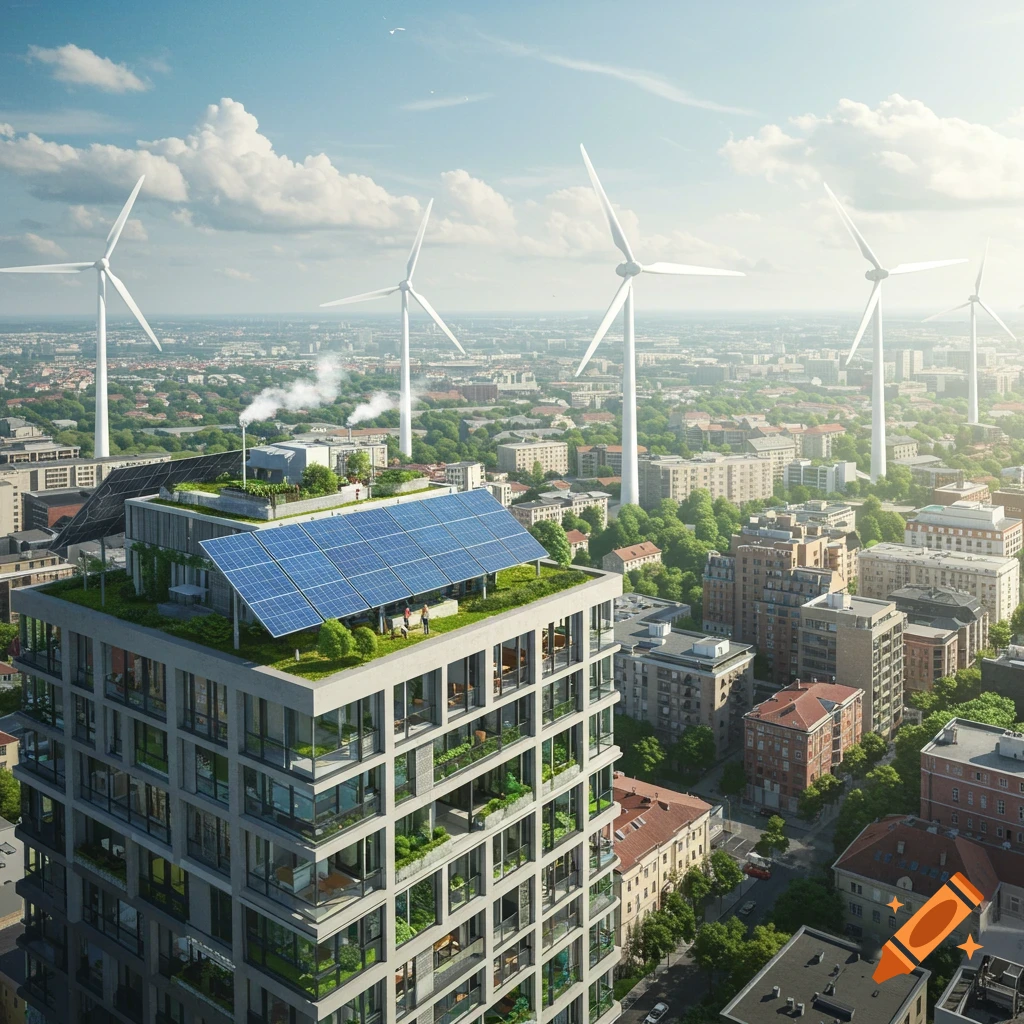 Aerial view of a modern city building with solar panels and green roof, wind turbines in the background.