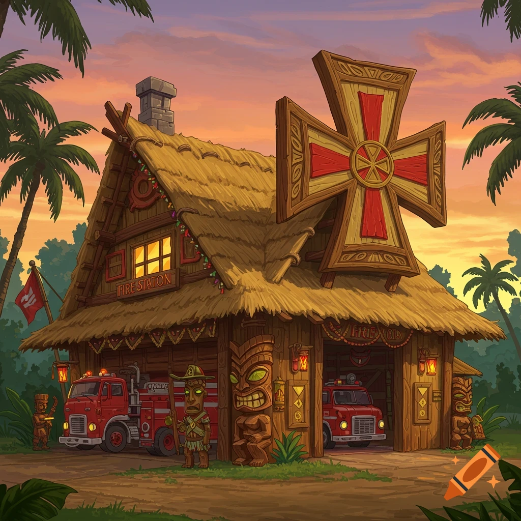 Tiki style Maltese cross fire station