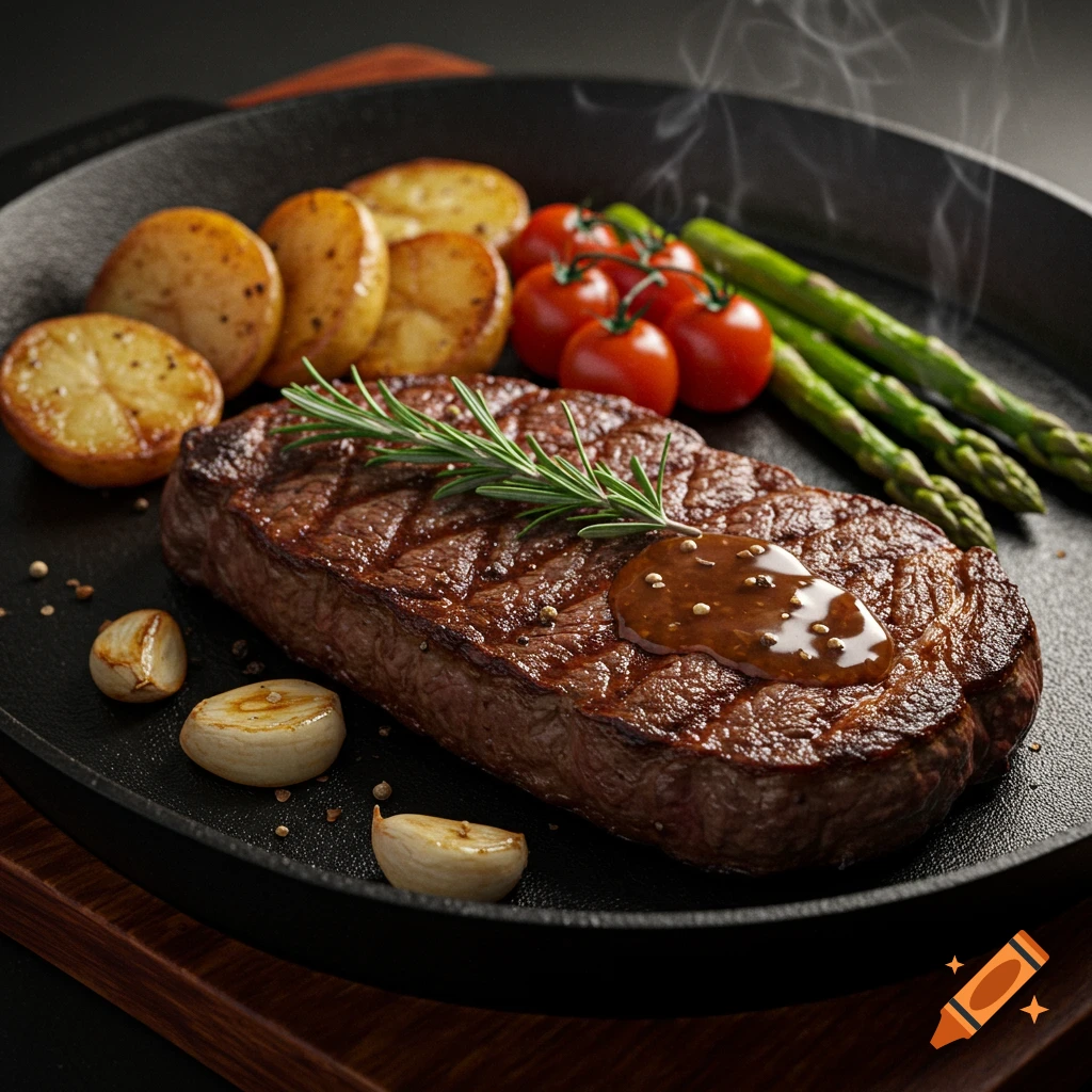 Photorealistic close-up of a steak dinner with potatoes, tomatoes, asparagus, garlic, and rosemary in a skillet