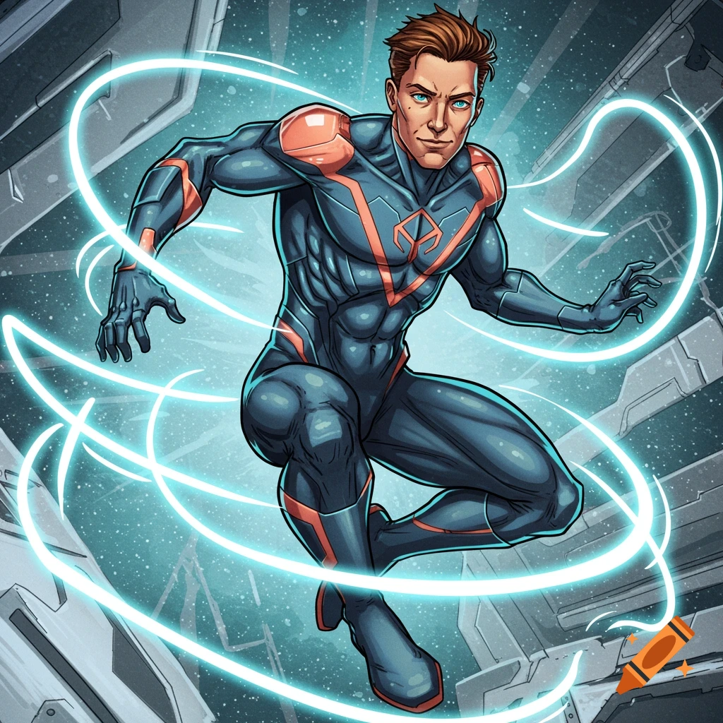 Comic book illustration of a male superhero flying with glowing energy trails.
