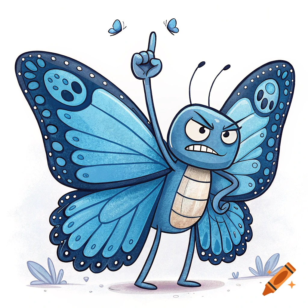 Cartoon blue butterfly pointing finger up with angry expression