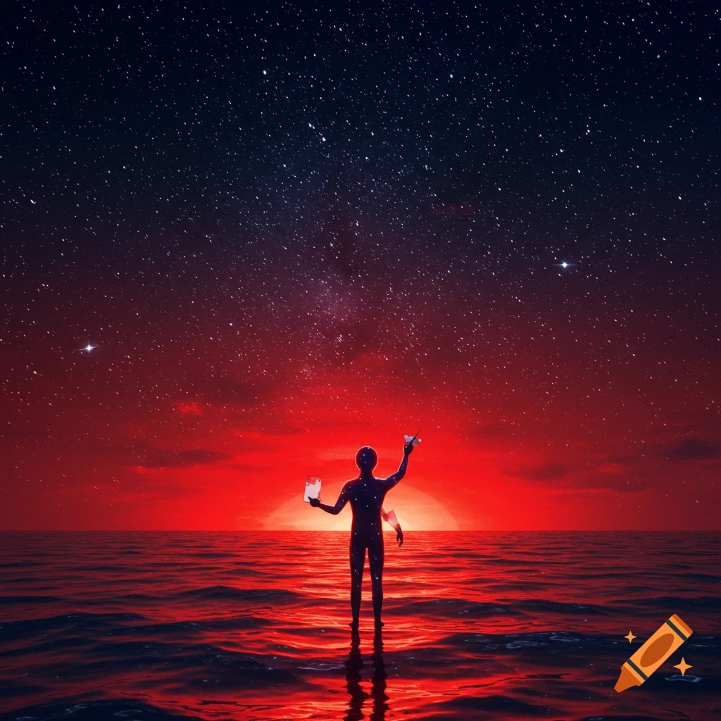 A silhouette figure paints the red, starry night sky while standing in the ocean.