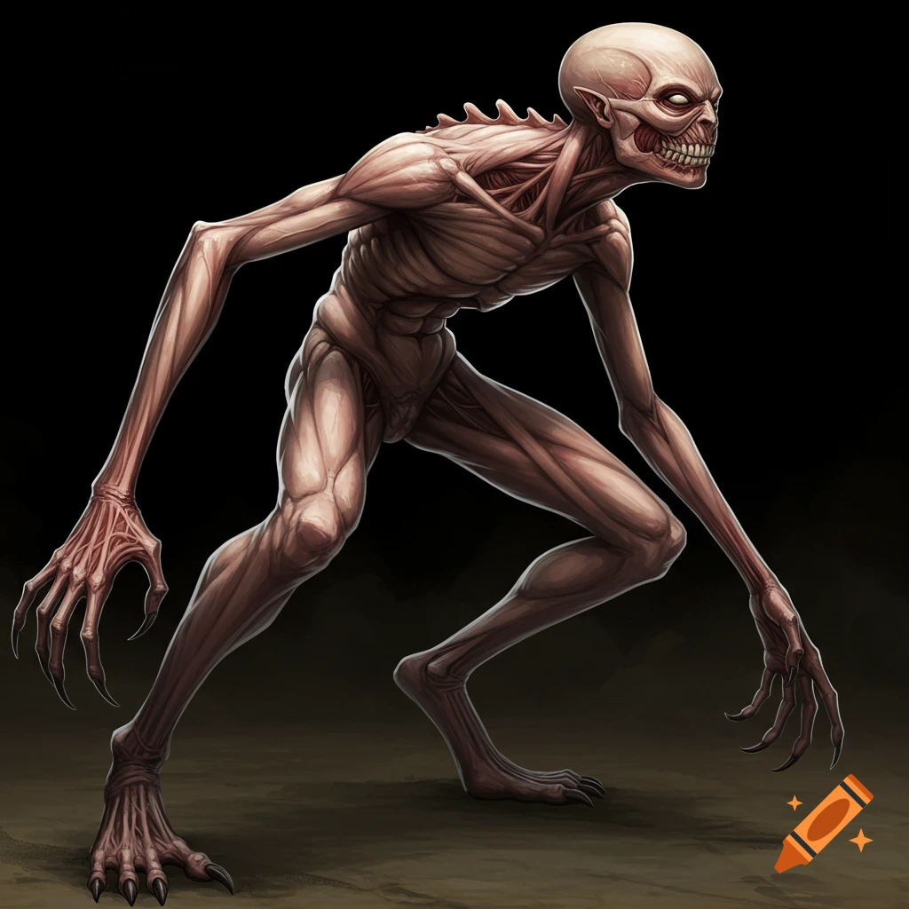 A grotesque humanoid creature with exposed muscle, long limbs and claws, in a hunched pose against a dark background.