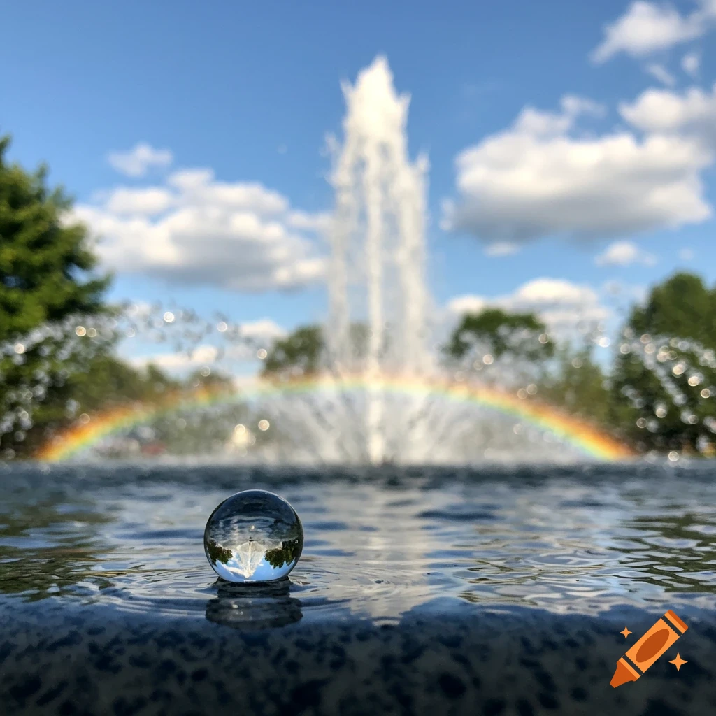 A clear marble bead reflecting a fountain and rainbow sits on a wet, textured surface.