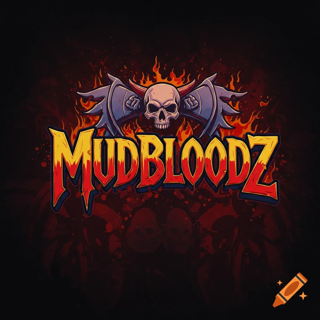 Logo featuring a skull with horns and bat wings over the stylized text "MUDBLOODZ" with flames.