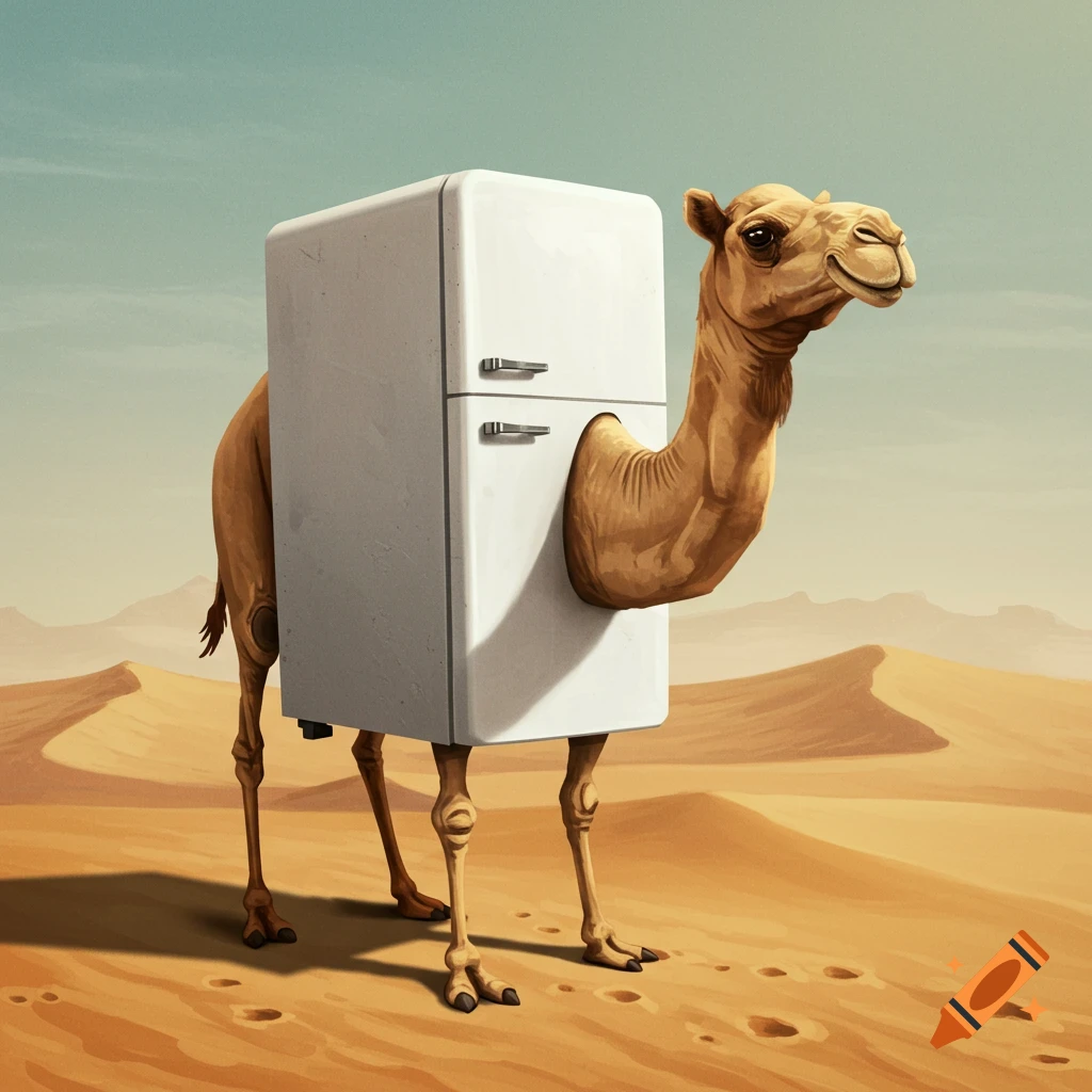 A camel with a white refrigerator for a body stands in a desert landscape.