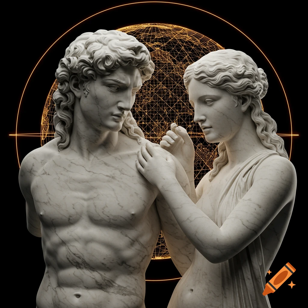 Marble statue of Greek god and goddess couple with wireframe globe