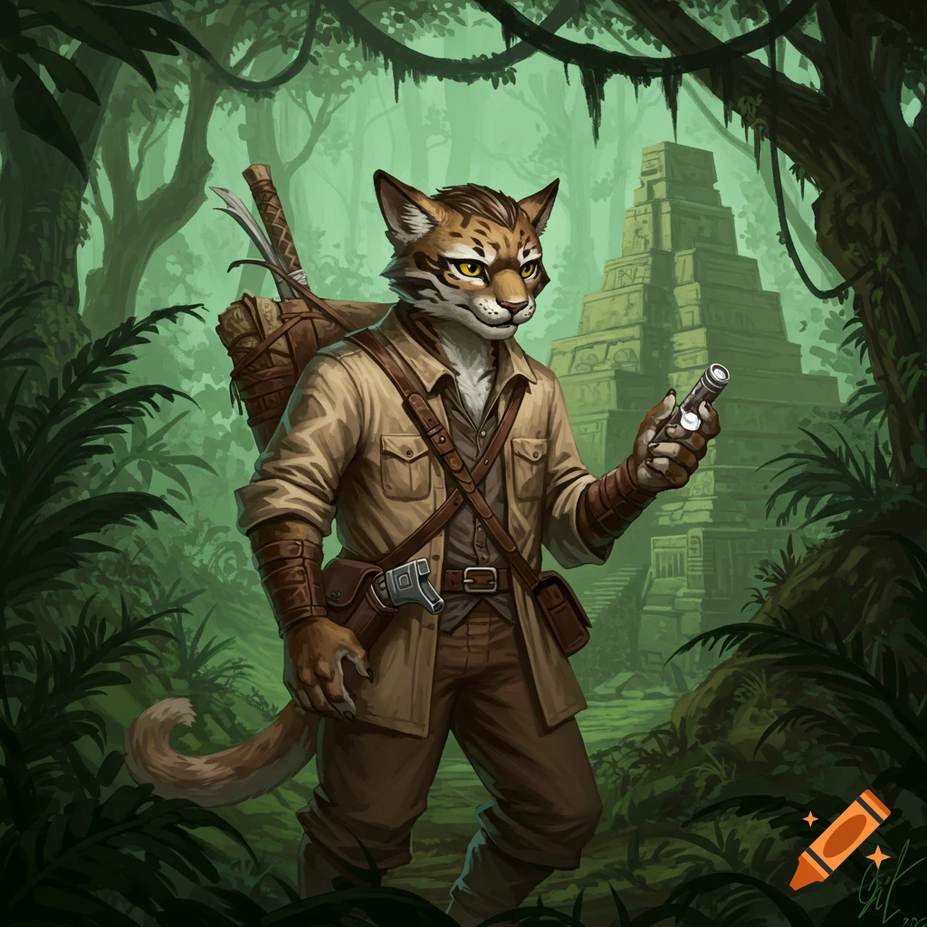 A furry, cat-like adventurer (tabaxi) holds a flashlight in a jungle, with ancient ancient temple ruins behind him.