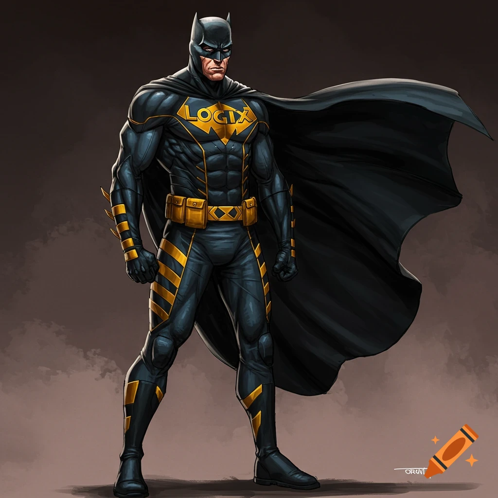 Superhero in black and yellow suit with 'LOGIX' on chest symbol, comic art style.
