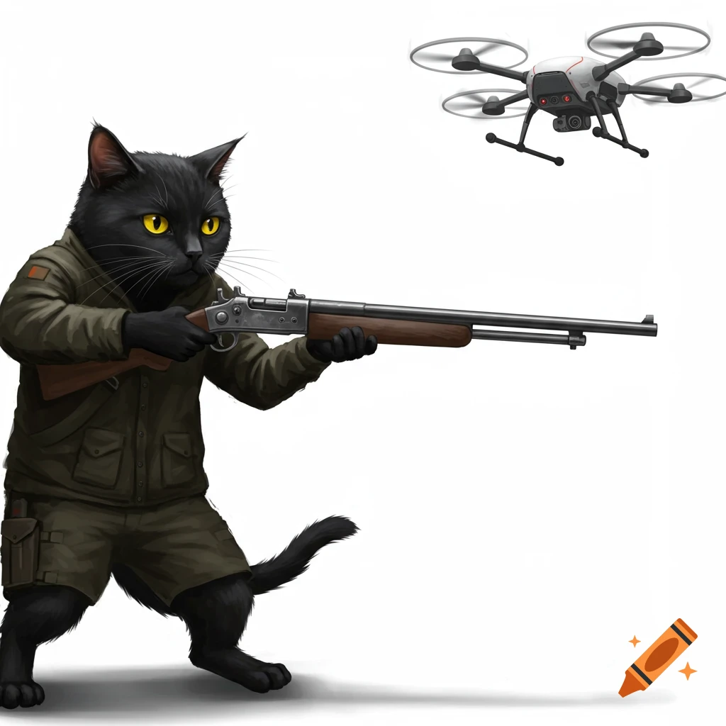 A black cat in tactical gear aims a rifle at a flying drone.