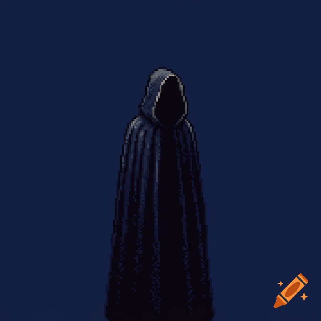 A pixel art illustration of a mysterious figure in a dark hooded robe standing against a dark blue background.