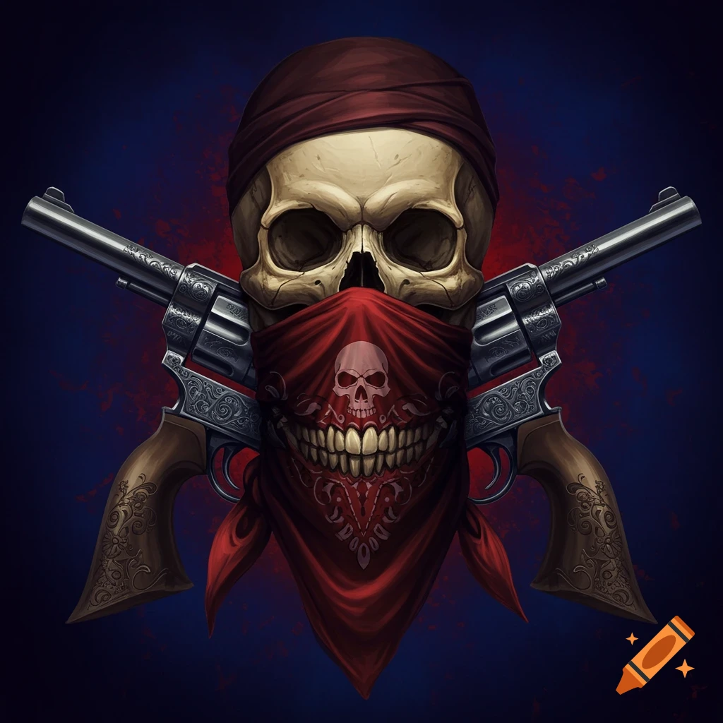 Illustration of a skull wearing a red bandana, with two crossed revolvers behind it.