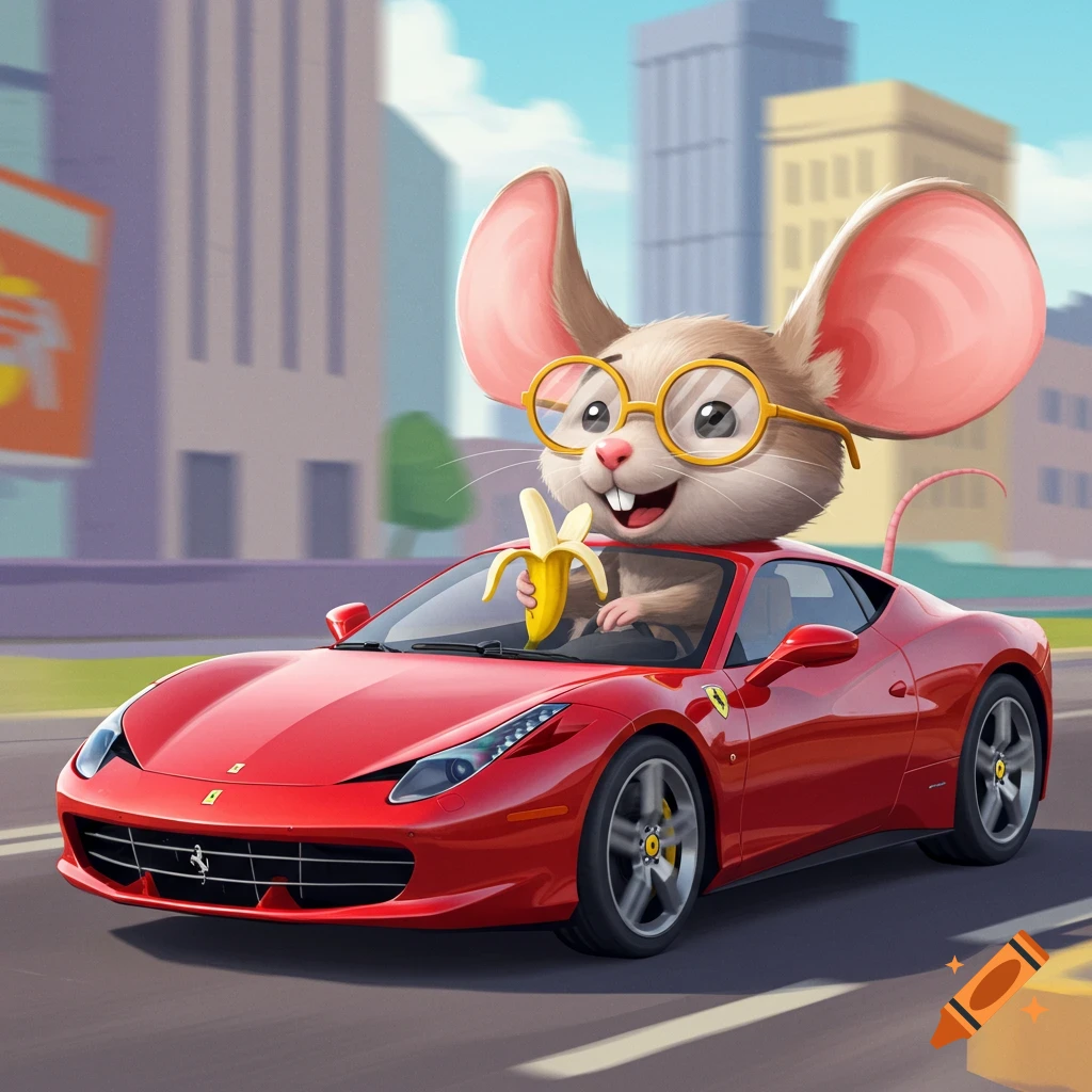 Cartoon mouse in a red sports car wearing glasses and holding a banana.