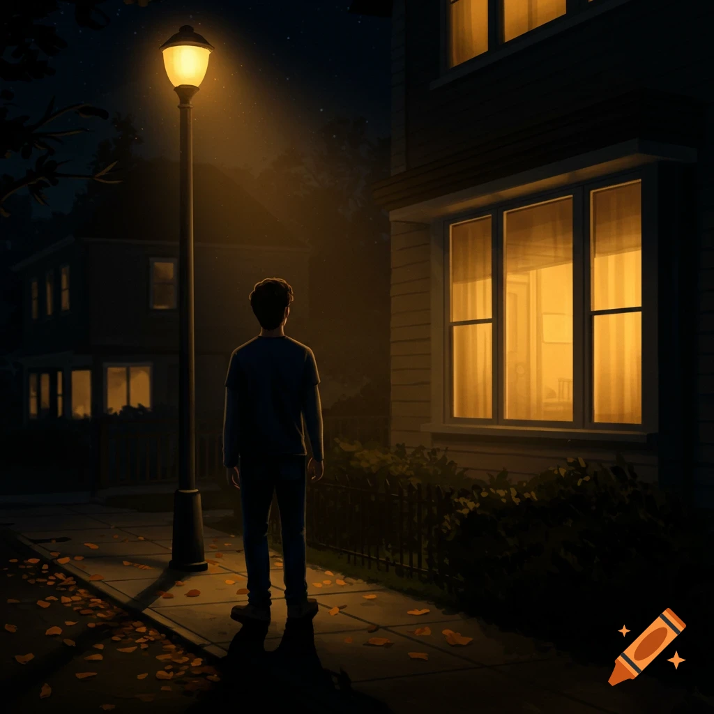 A person stands under a street lamp at night, looking into a house window. Illustration style.