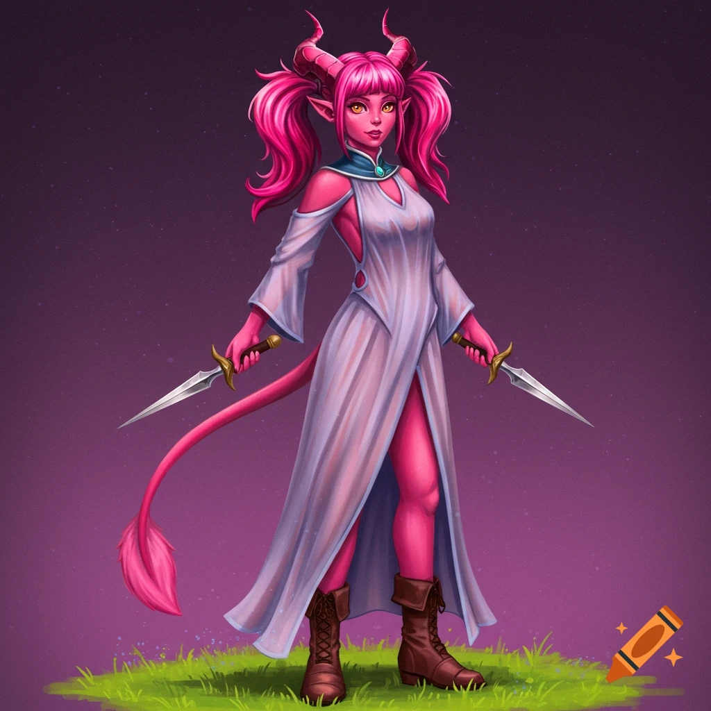 Pink tiefling woman with pink pigtails and horns, wearing a white dress with slits, holding daggers, standing on grass.
