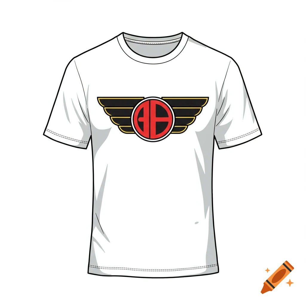 Illustration of a white t-shirt with a logo: a red circle flanked by black wings with yellow stripes.