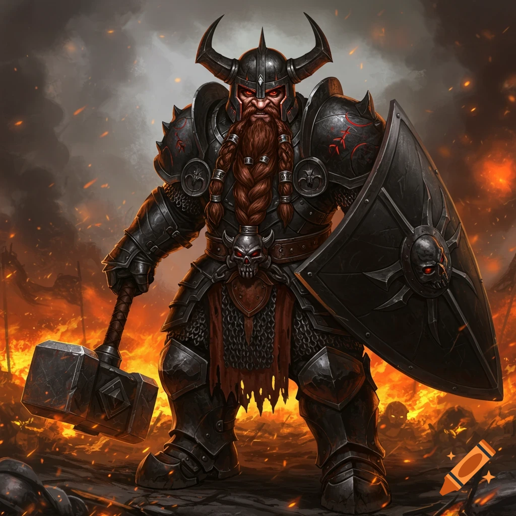 Detailed fantasy illustration of an evil dwarf champion in black armor with hammer and shield, standing in a fiery battleground.