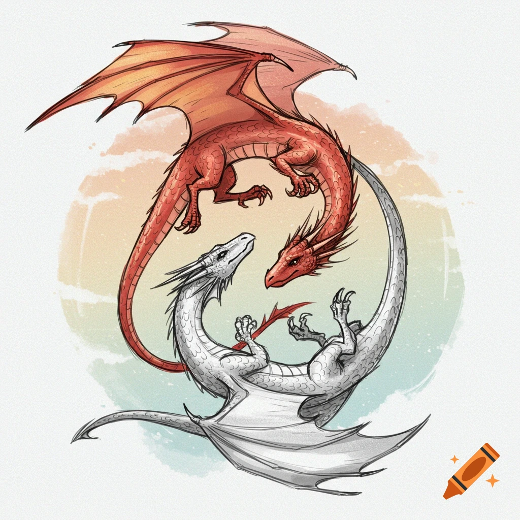 Red and white dragons intertwined in a circular sketch art style.