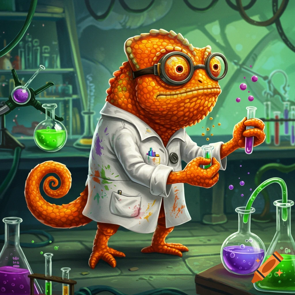 Cartoon of an orange chameleon scientist in a lab coat holding test tubes in a laboratory.