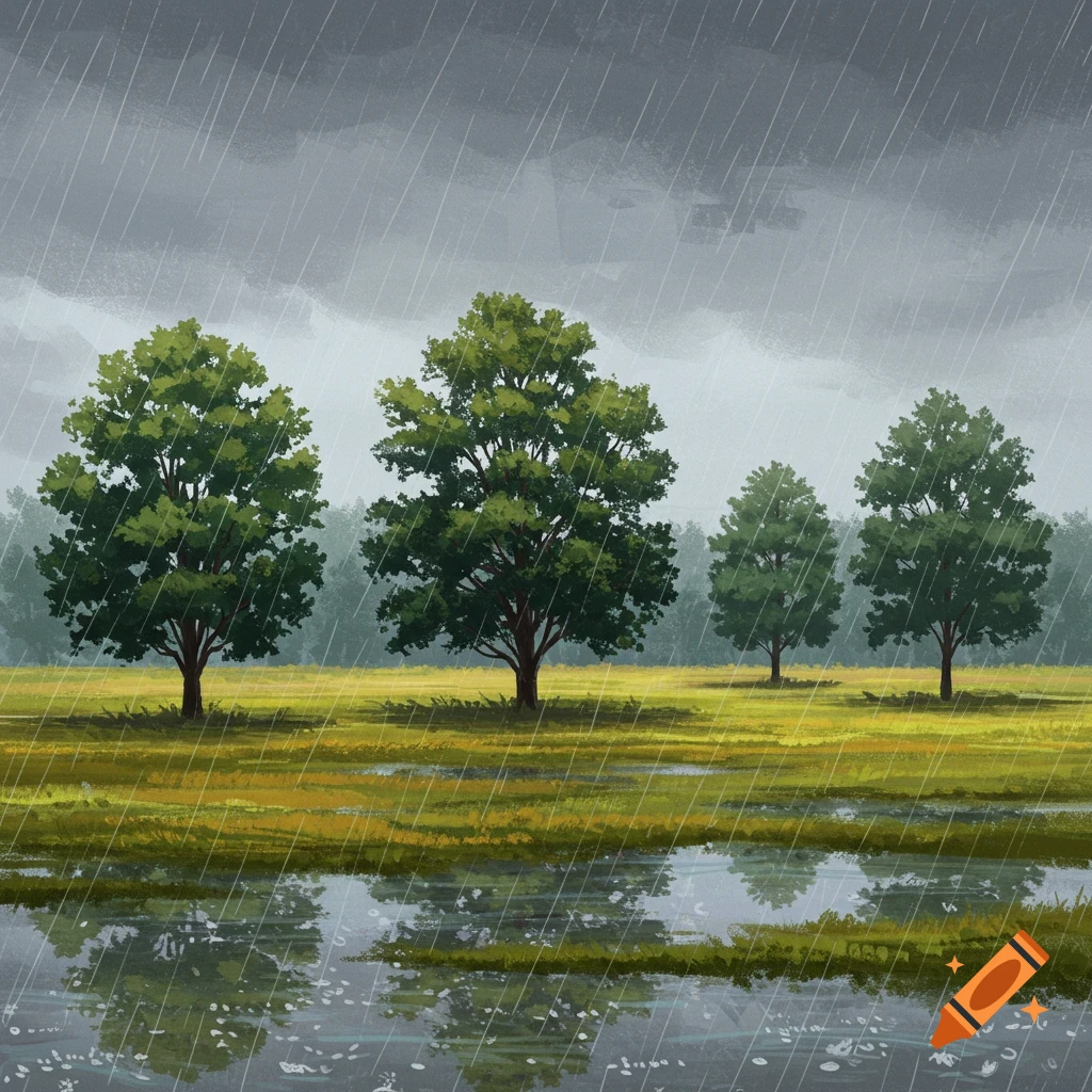 Rainy landscape with trees and a field, reflected in puddles.