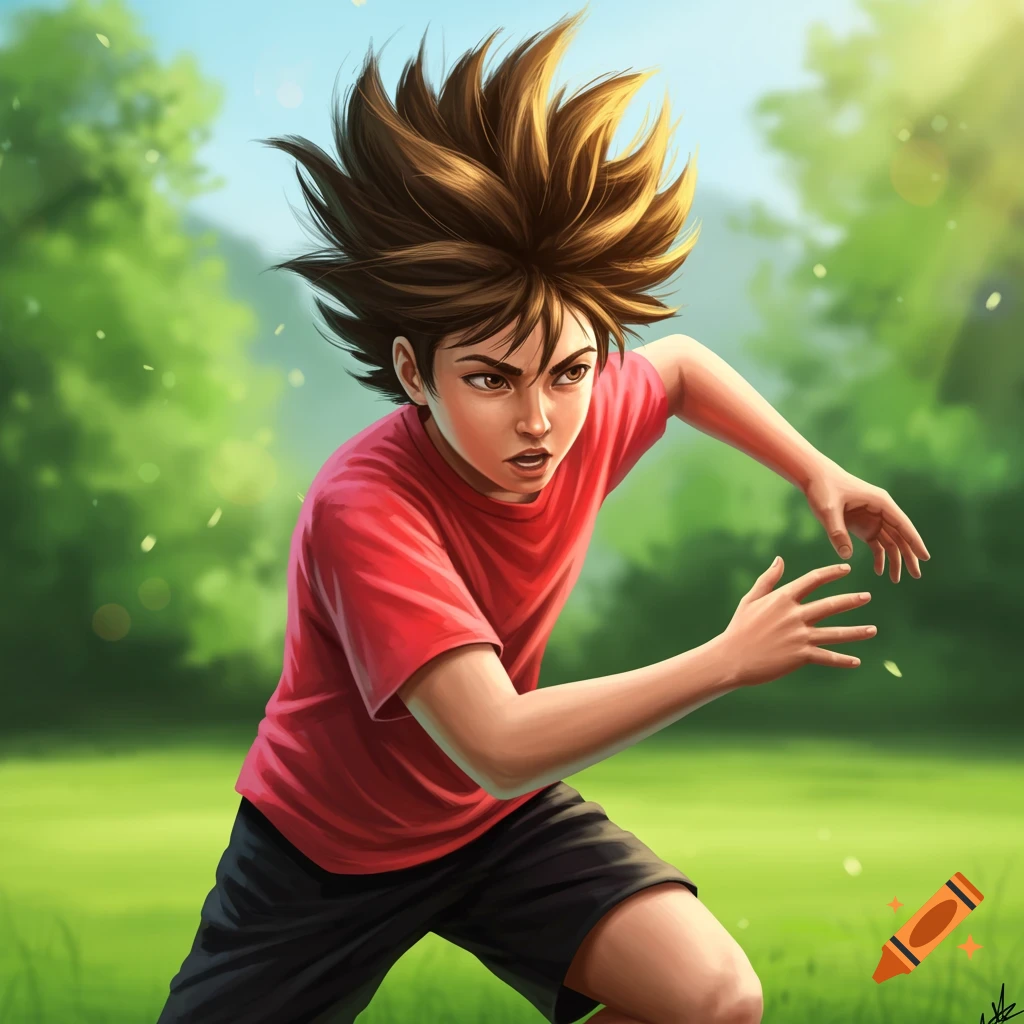 Sporty boy with spiky hair running in a park