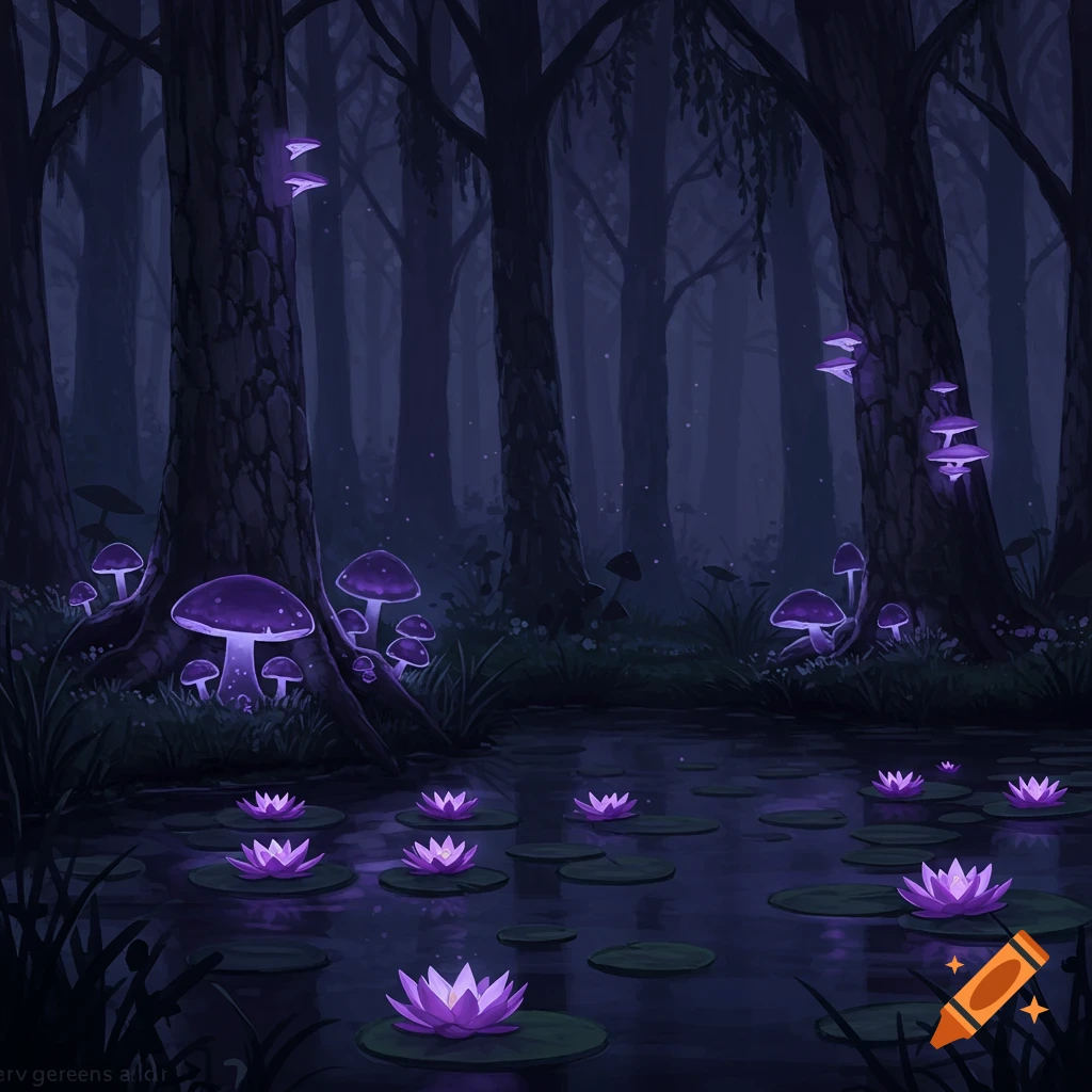 Dark forest with glowing purple mushrooms and lily pads on a pond