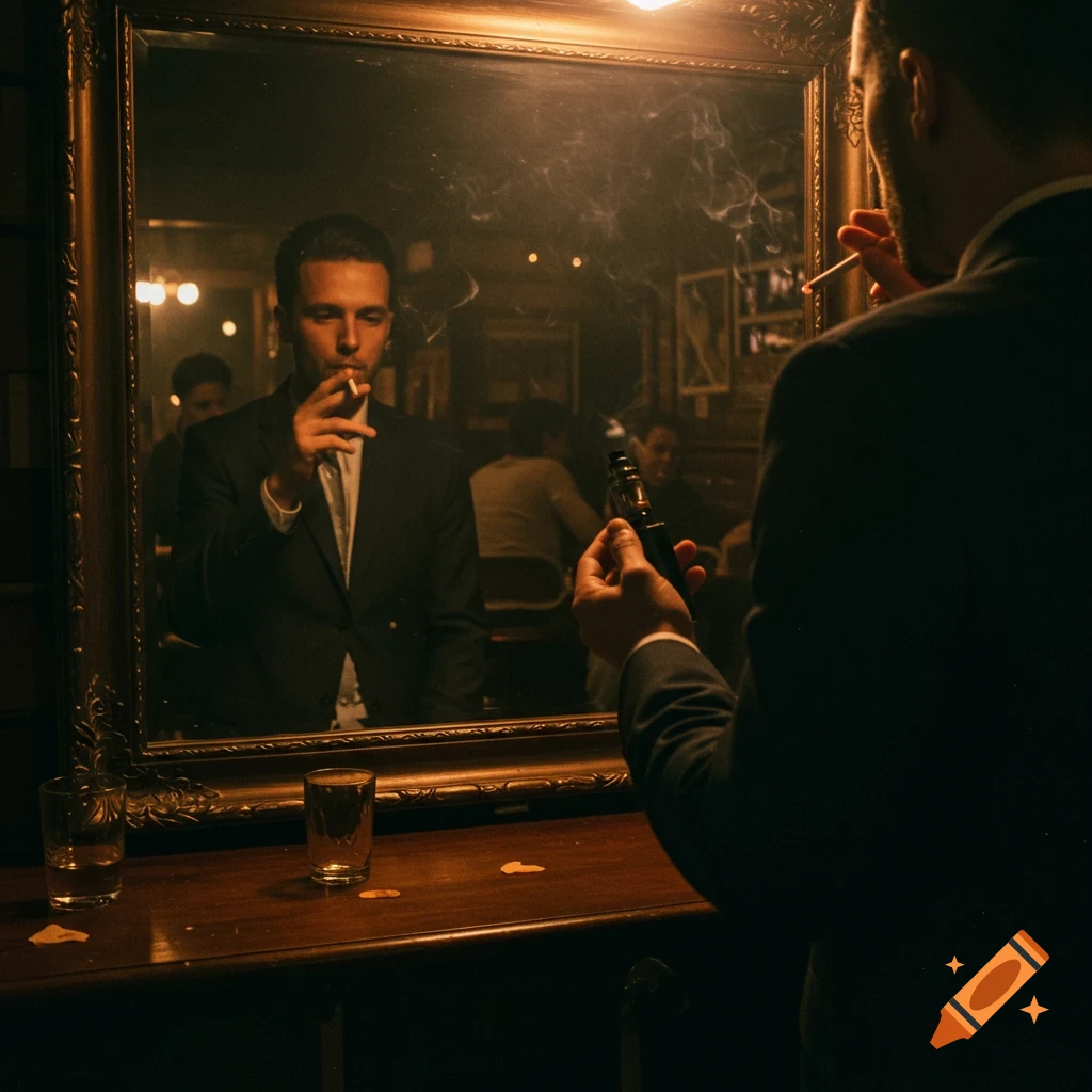 A man in a suit smokes a cigarette while his reflection in a mirror holds a vape pen in a dimly lit room.