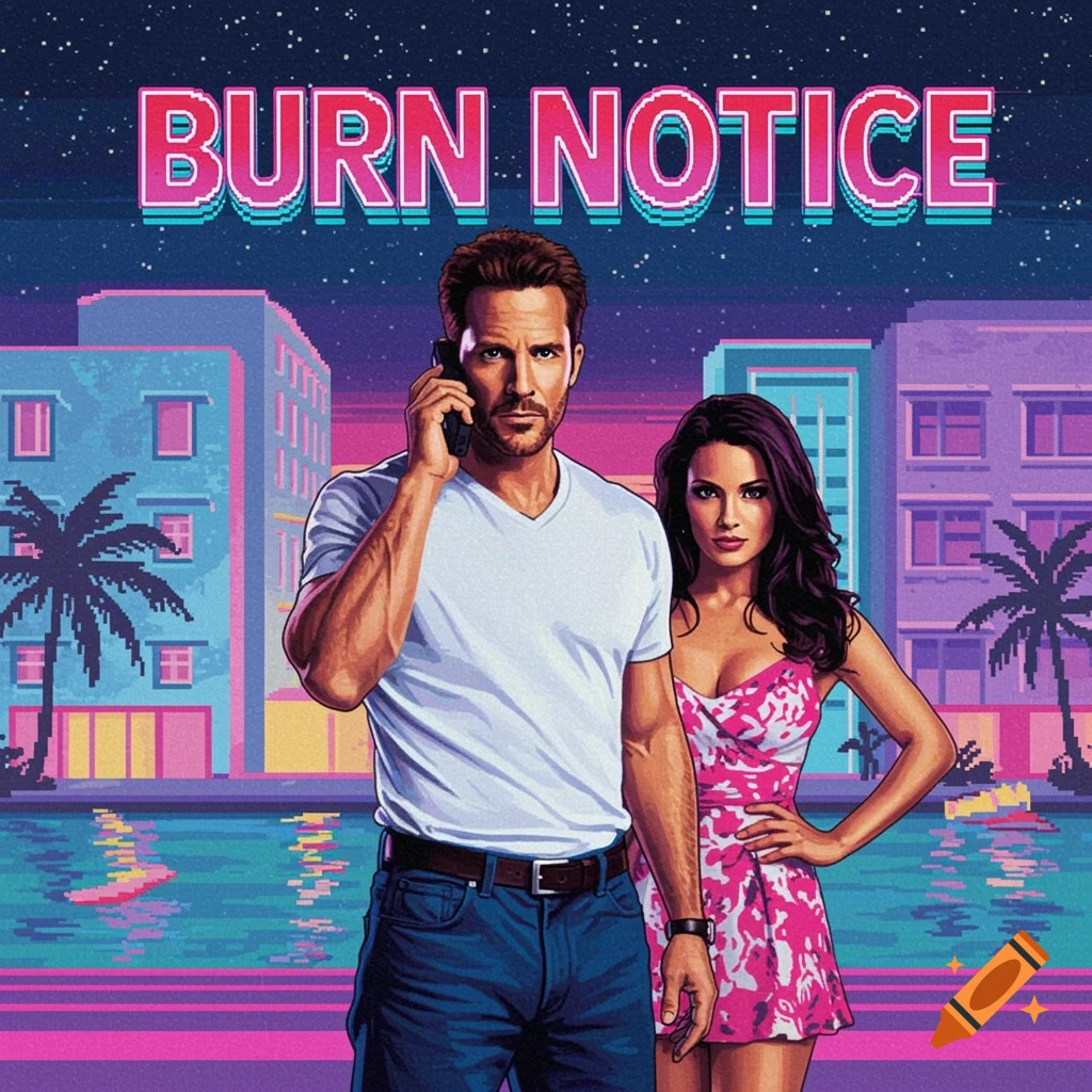 Burn Notice poster in 16-bit retrowave style, featuring a man on a phone and a woman standing against a Miami background.