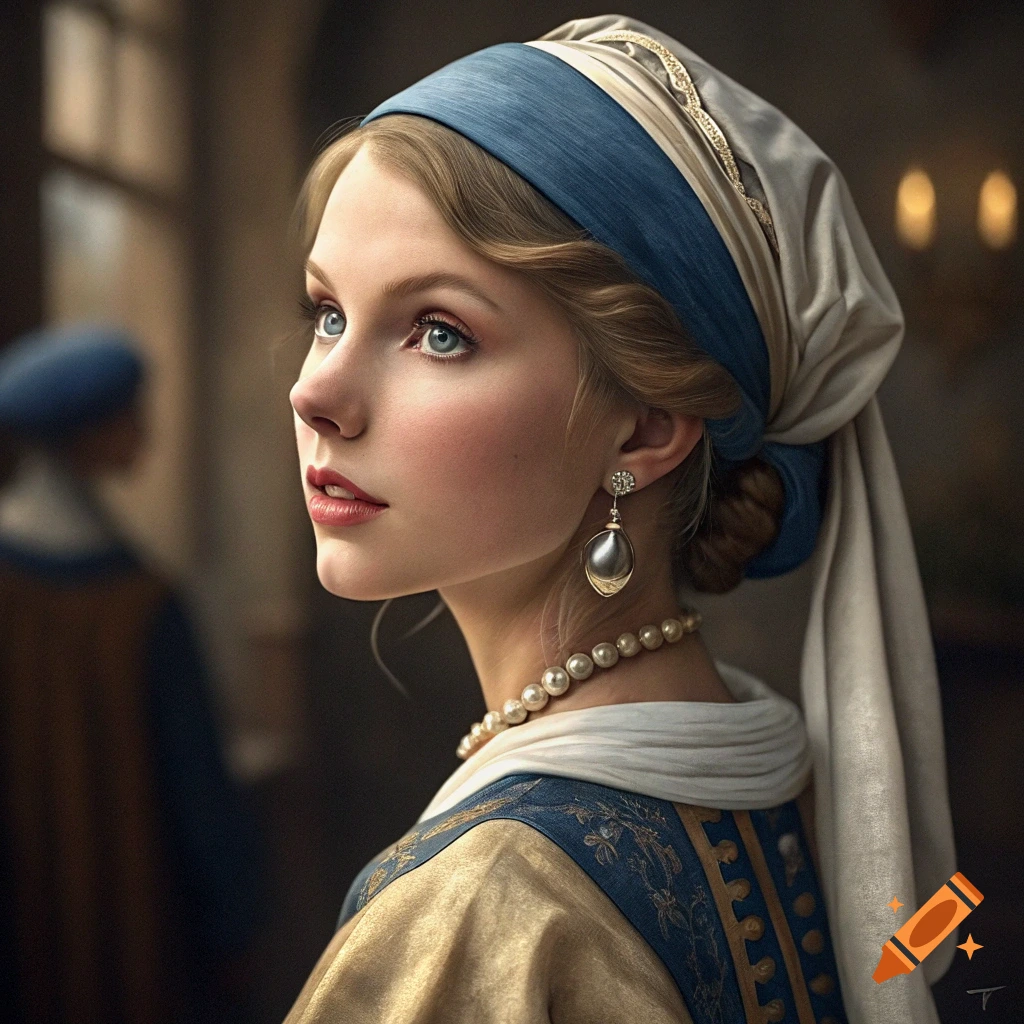 Portrait of a woman in historical dress, wearing a blue and white headscarf, pearl earring, and pearl necklace.