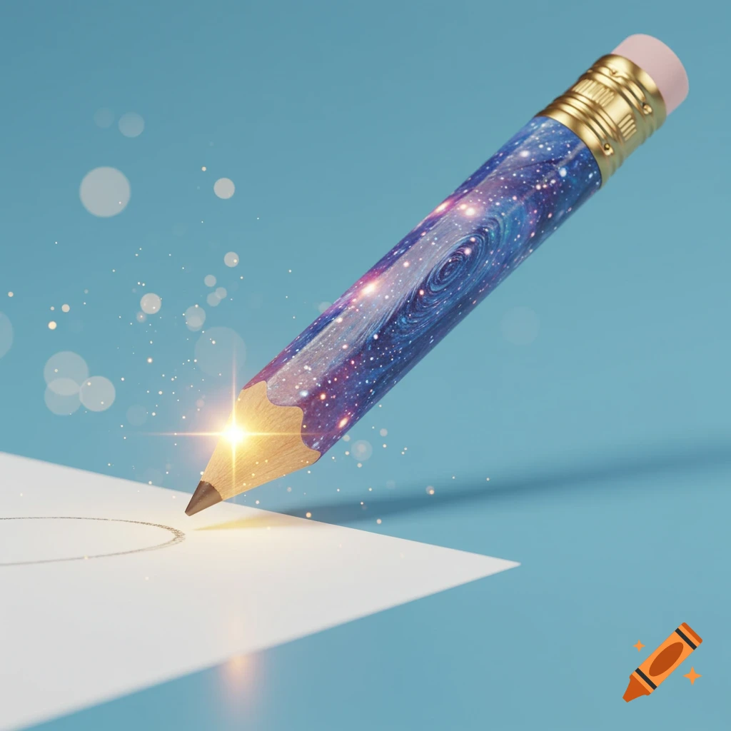 A pencil decorated with a galaxy pattern drawing on white paper with a glowing tip.