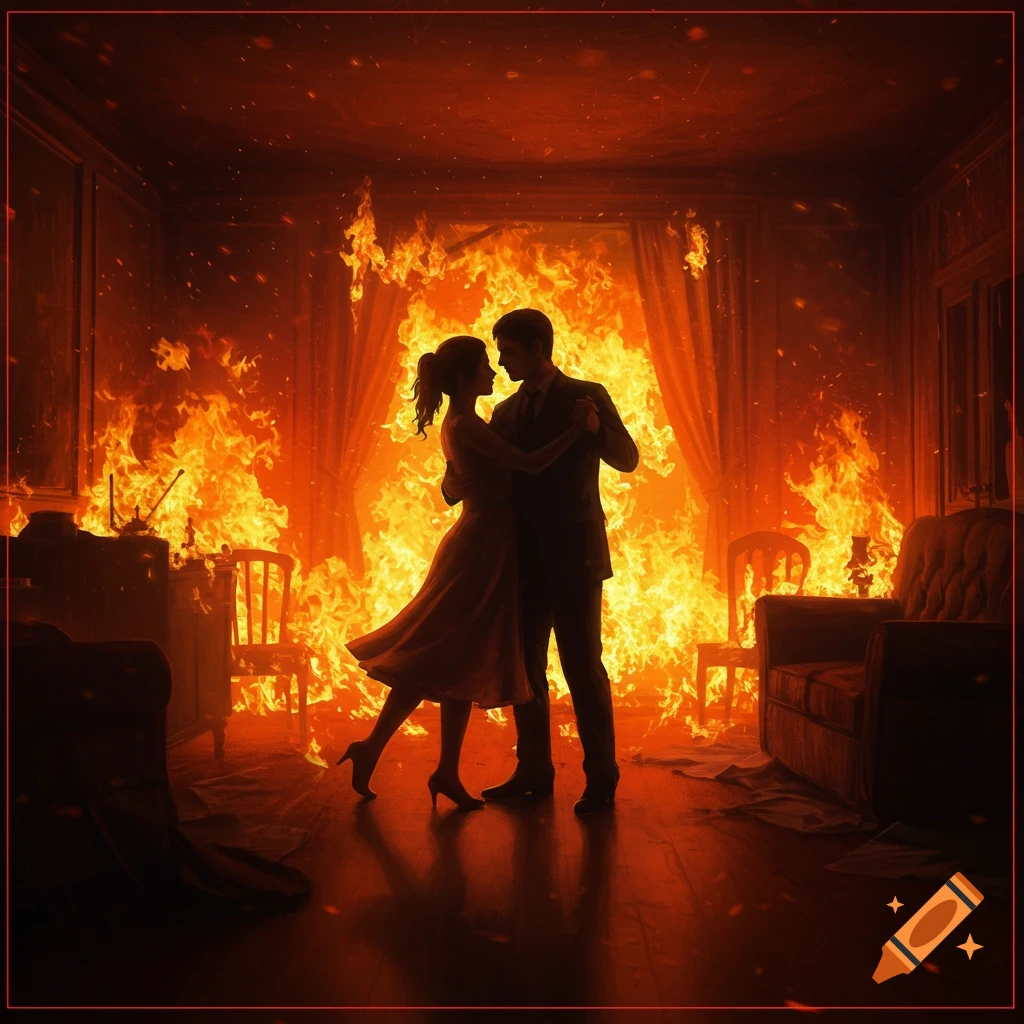 Couple slow dancing in a room engulfed in fire
