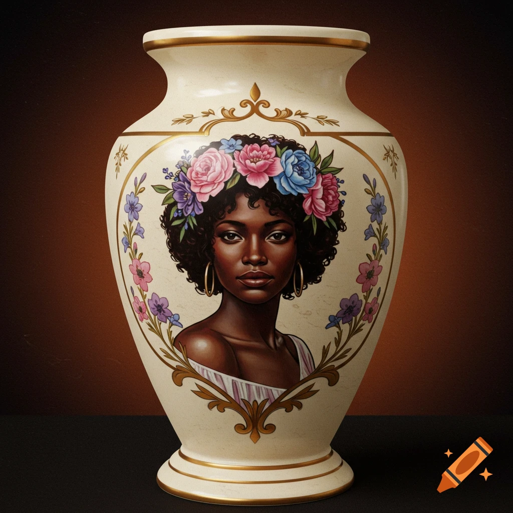 Portrait of a Black woman wearing a flower crown on a decorative vase.