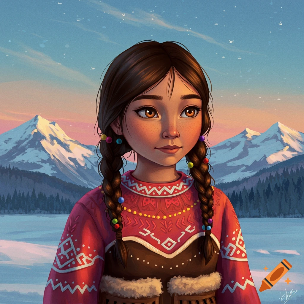 A digital illustration of a young girl with braids and beads in patterned clothing, standing in a snowy mountain landscape.