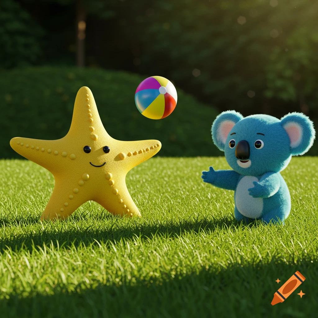 A yellow starfish and blue koala playing with a beach ball on grass in a 3D style.