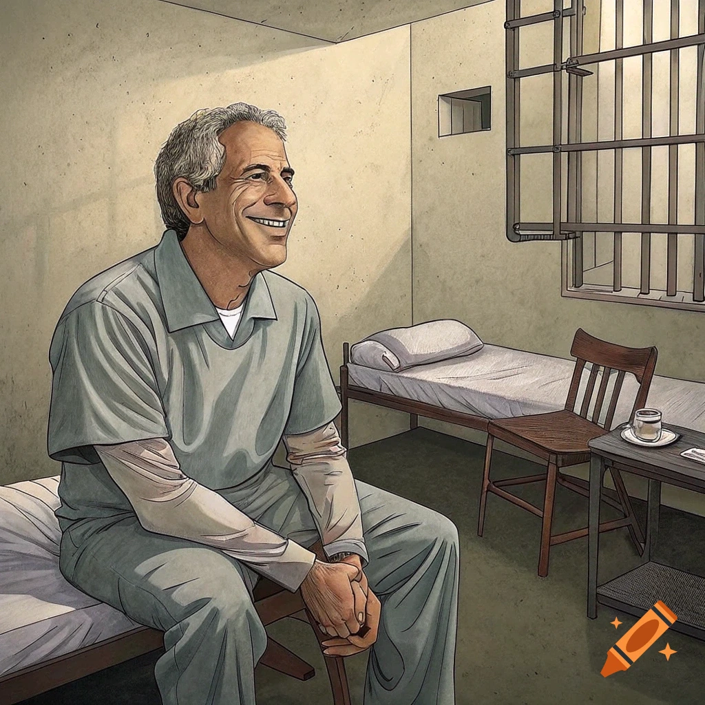An illustration of a smiling man sitting on a bed in a prison cell.