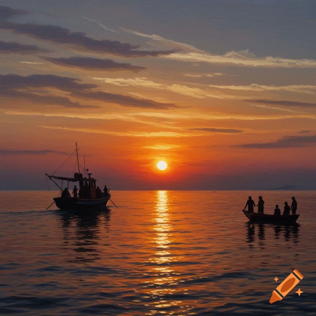 Oil painting of boats and people at sunset on the water.