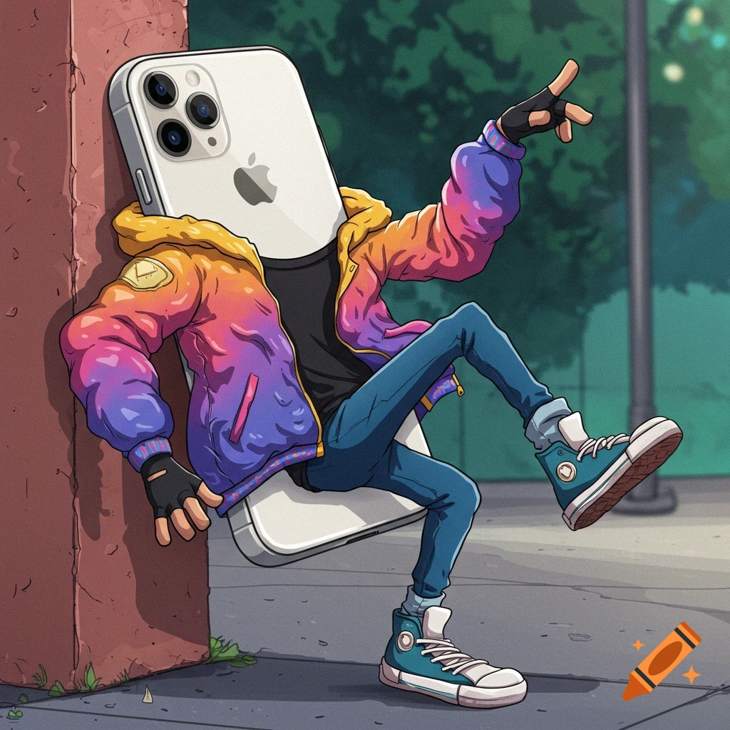 Cartoon drawing of an iPhone personified, wearing a jacket and jeans, leaning against a wall.