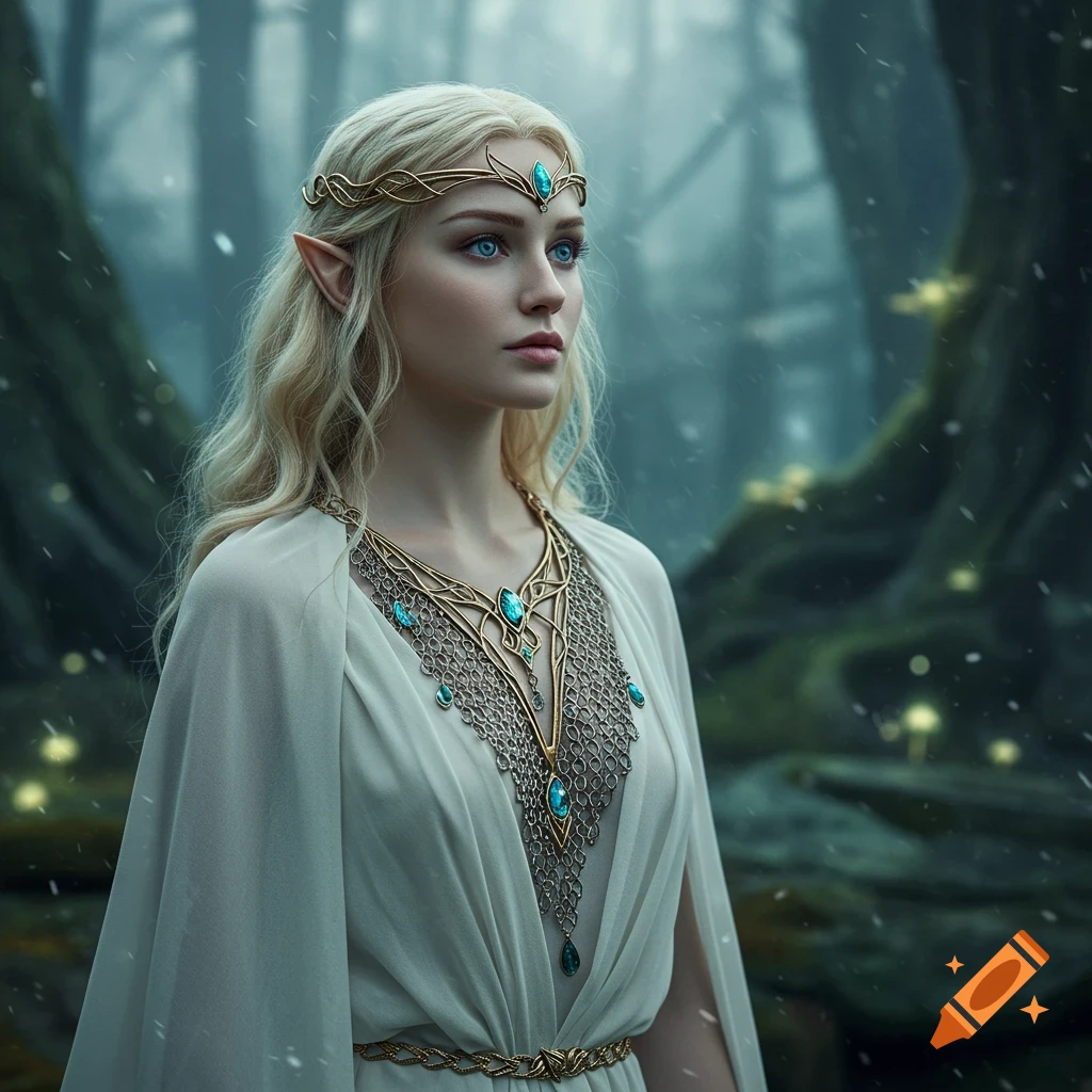 An elf queen with blonde hair and a white dress stands in a snowy forest.